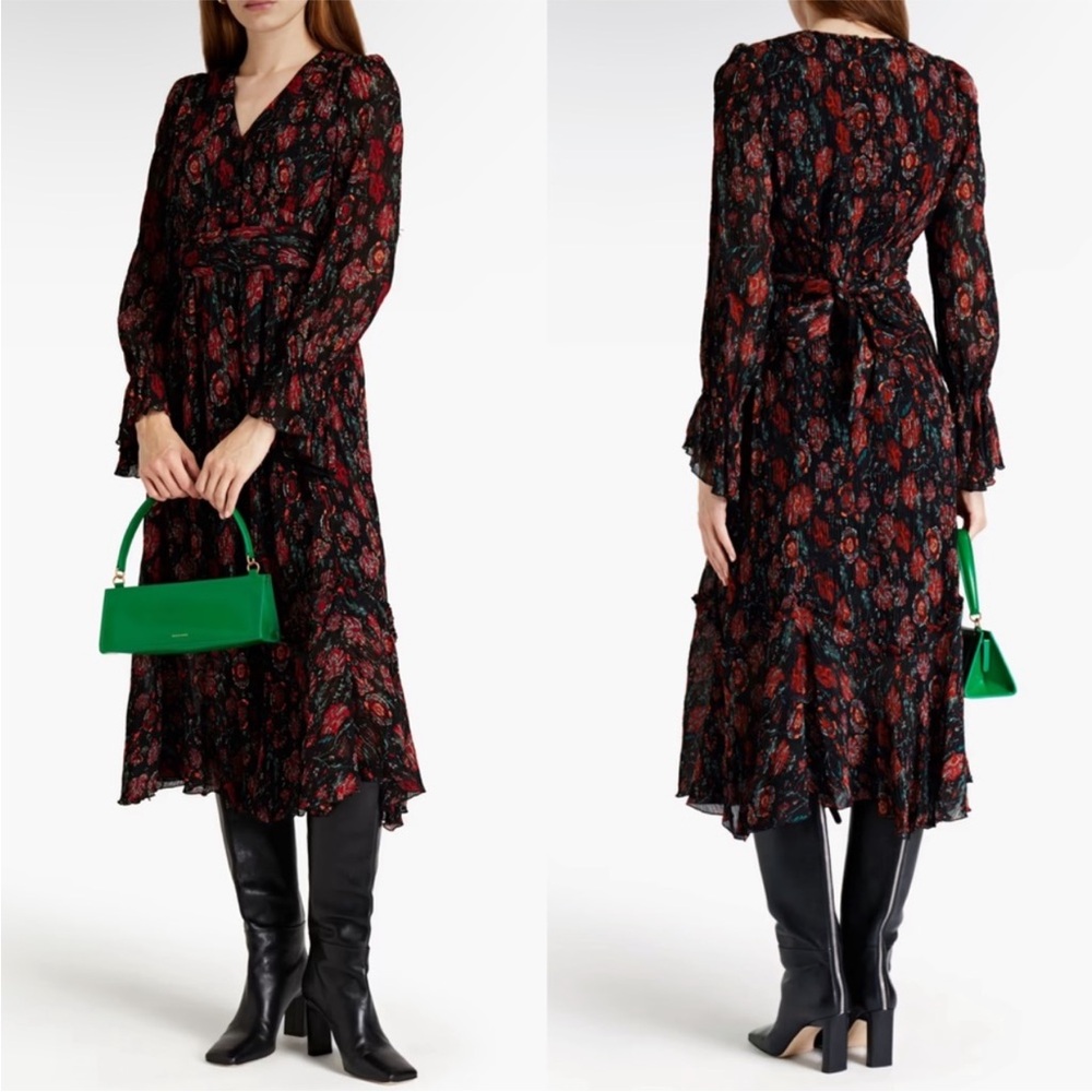 Diane von Furstenberg Shazia Floral Print Ruffle Chiffon Midi Dress Size 4